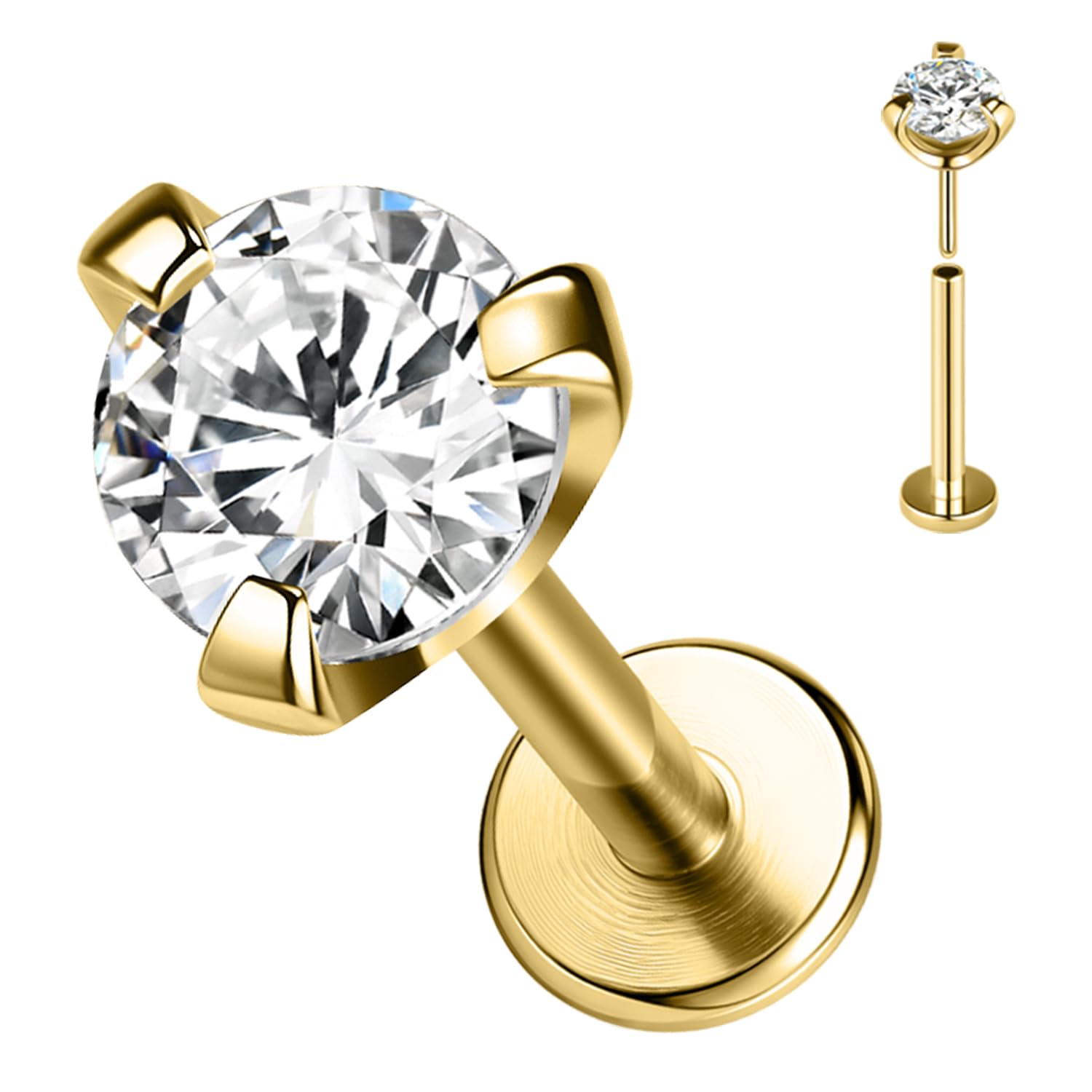 SYLWIA 14K Real Gold Lip Rings Stud, 16g Threadless Push in Ashley Piercing Lip Jewelry, Diamond CZ - 2mm 2.5mm 3mm, 18g Nose Conch Helix Tragus