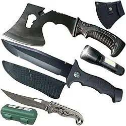Kit Sobrevivência Tático Machado Militar Canivete Dragão Facão com Bússola Lanterna LED 100m Estojo Reforçado Aço Alta Resistência Aventura Camping Bushcraft Resgate Completo