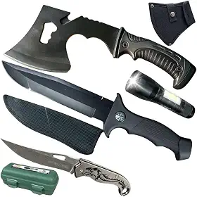 Kit Sobrevivência Tático Machado Militar Canivete Dragão Facão com Bússola Lanterna LED 100m Estojo Reforçado Aço Alta Resistência Aventura Camping Bushcraft Resgate Completo