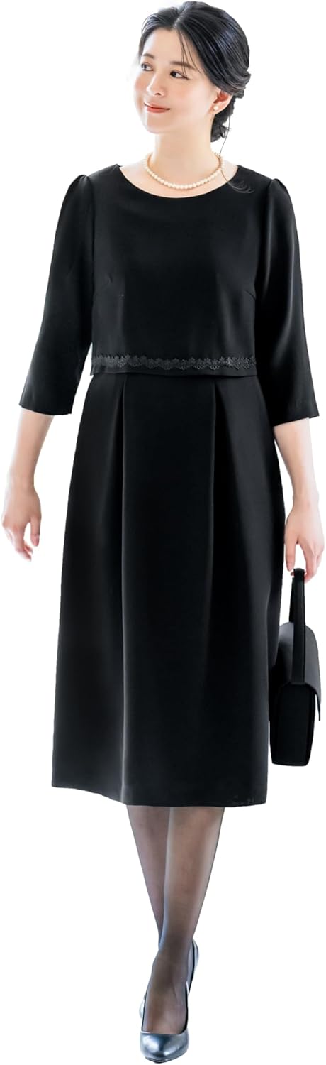 [ELENA] エレナ レディース 喪服 ブラックフォーマル 単品 ワンピース アンサンブル風 ポケット付 洗える ロング 冠婚葬祭