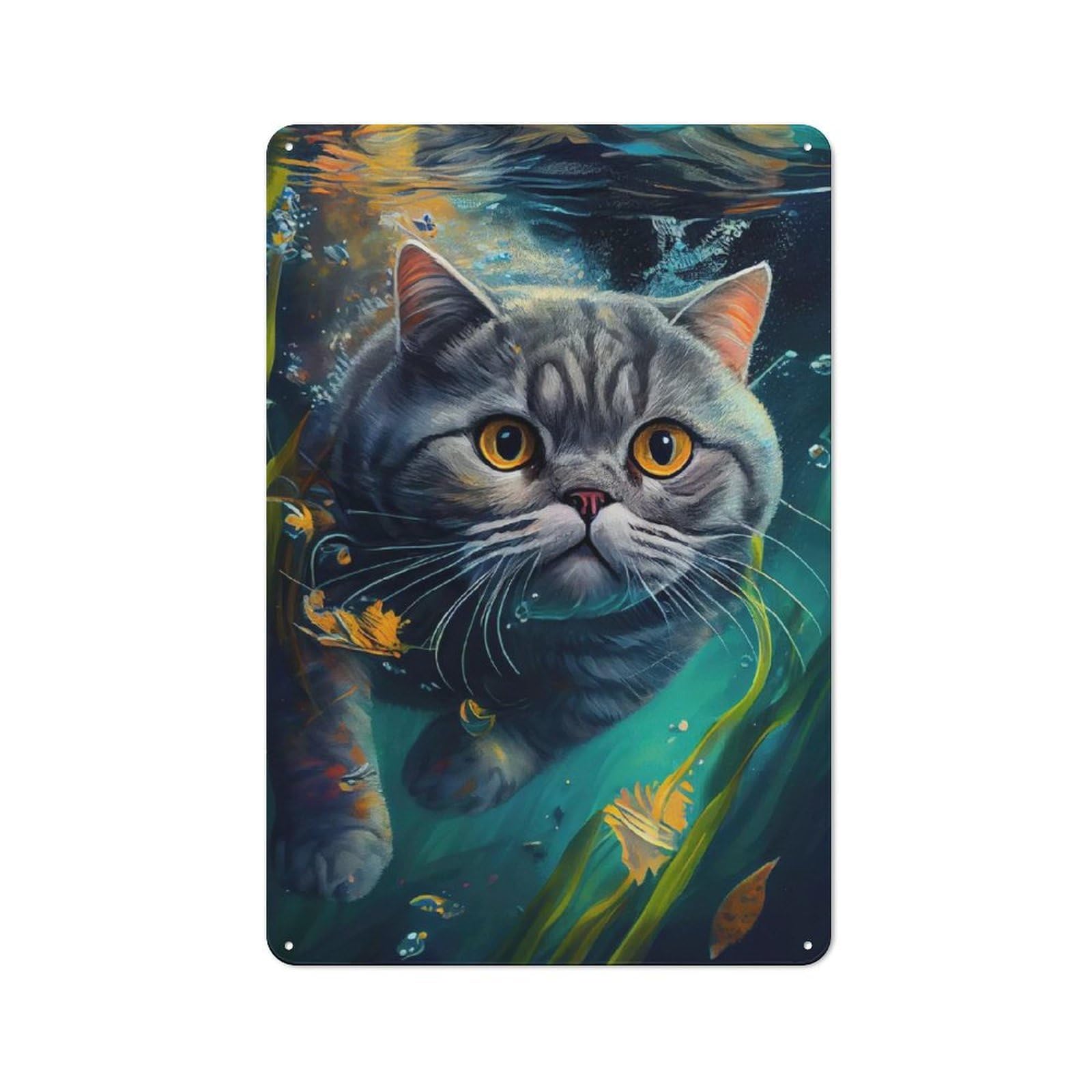Underwater Cat 4 Decorative Metal Plaque 30x20cm, Modern Retro Urban Room Decor for Workspace, Cafe, Hallway Or Garage
