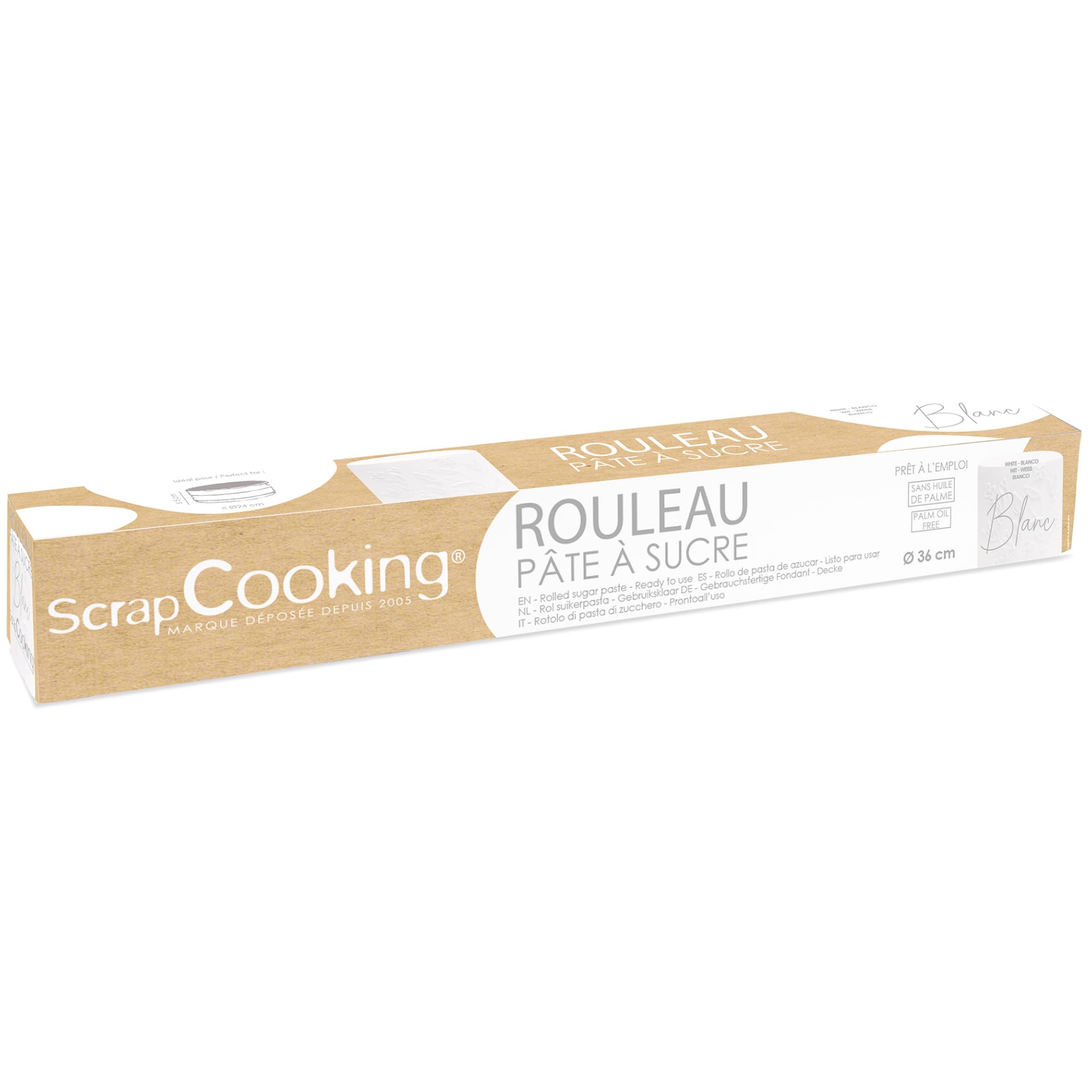 ScrapCooking - Rouleau de Pâte à Sucre Blanche - Prêt à l'Emploi - Diamètre 36 cm - Sans Huile de Palme - Pour Gâteaux, Pâtisseries, Desserts - 430 g - Blanc - 7260