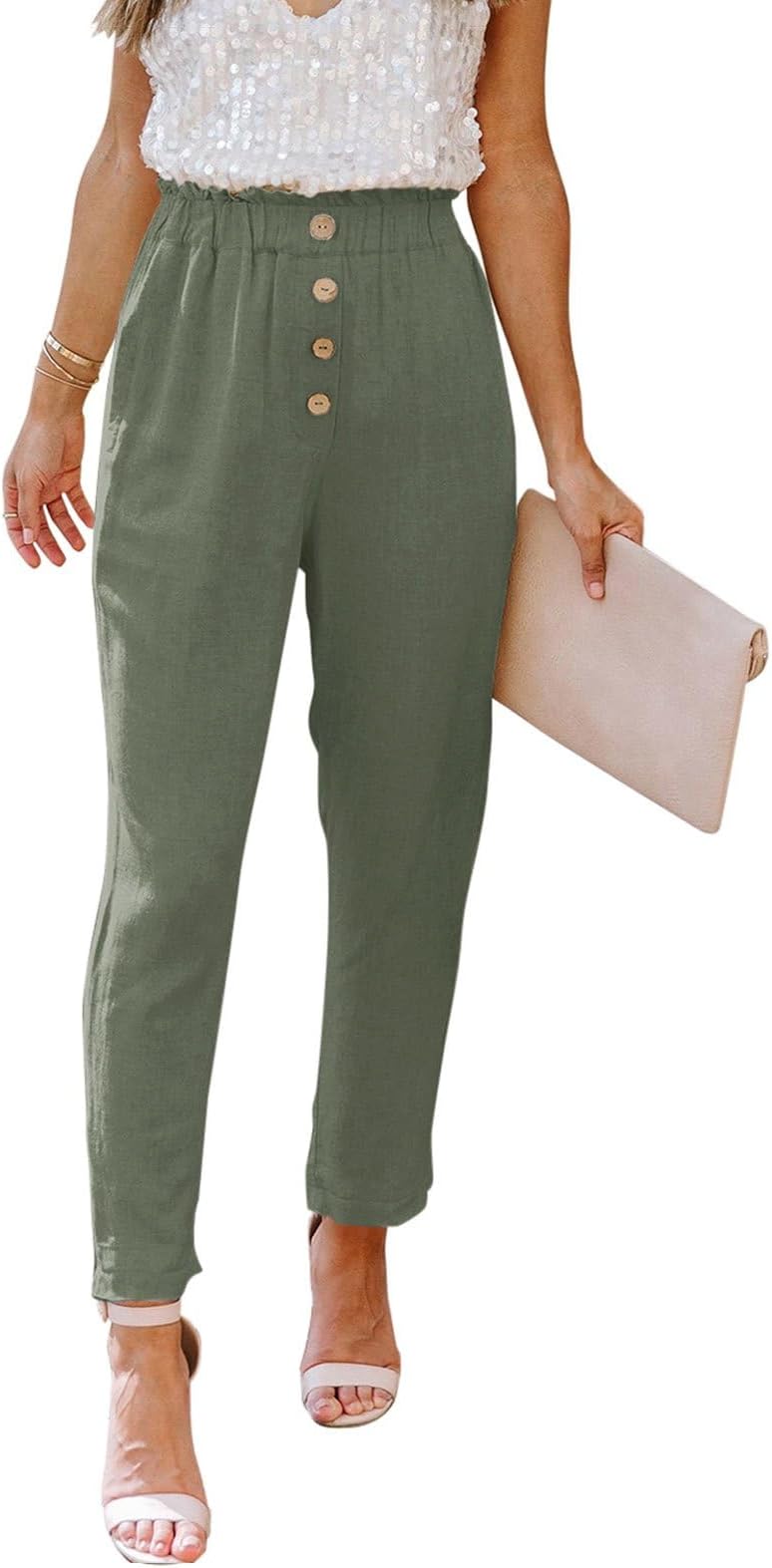 NIMIN Womens Casual Loose Pants Comfy Cropped Work Pants with Pockets Elastic High Waist Paper Bag Pants