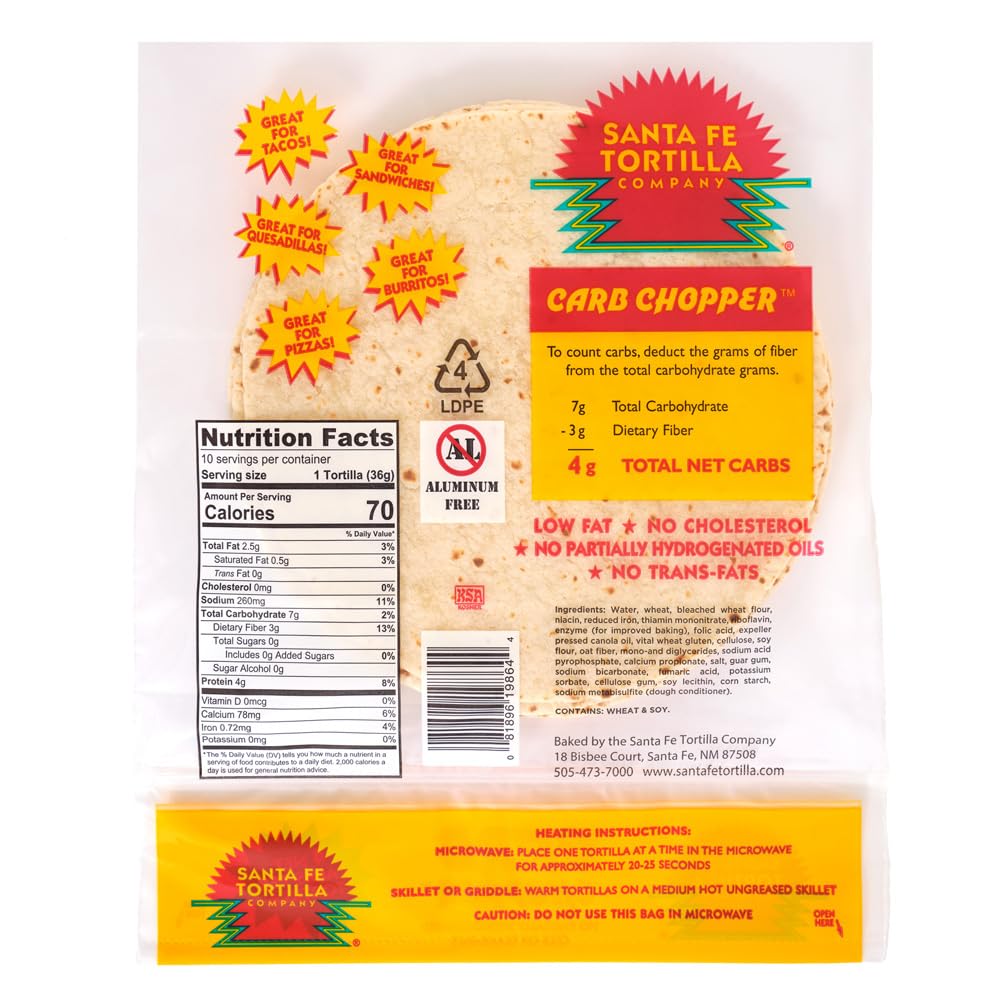 Santa Fe Tortilla Company Carb Chopper Low-Carb Flour Tortillas - 7 Inch (10ct, 12.8oz) | 4g Net Carbs | Cholesterol, Aluminum & Trans Fat Free | Soft, Authentic Taste for Wraps & Tacos | Kosher Certified, USA Made, Resealable Freshness 8-Pack