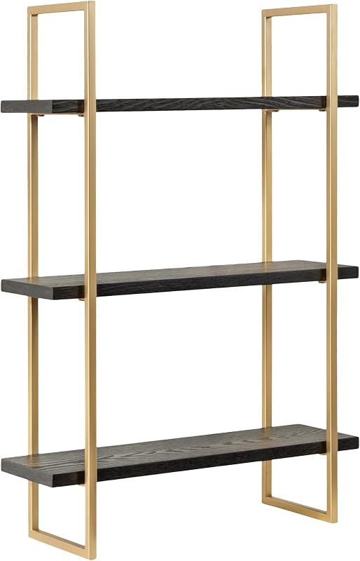 Kate and Laurel Leigh Modern 3 Tier Wall Shelf; 20 x 7 x 30; Black and Gold; Decorative Contemporary Glam Multi-Tiered Shelf Wall Organizer for Storage and Display