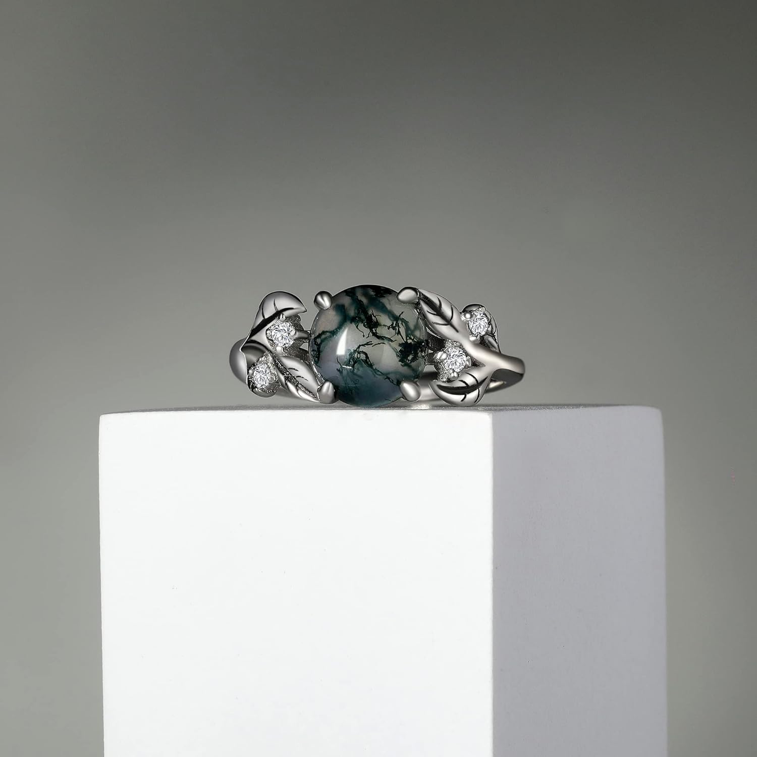 URONE Leaf Moss Agate Ring For Women Sterling Silver Round Cut 8 MM Solitaire Ring Healing Jewelry Gift (#8)