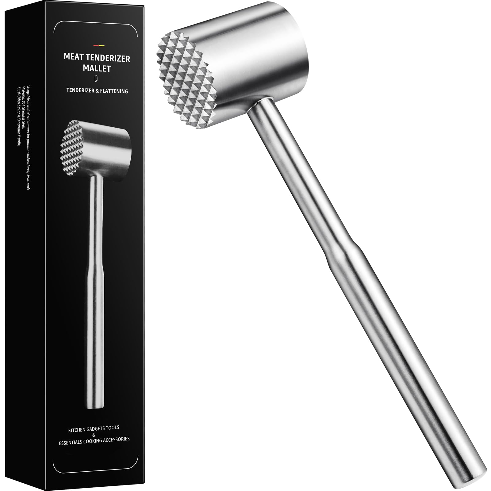 Stainless-Steel Meat Tenderizer Mallet - Meat Tenderizer Tool for Pounder Chicken, Beef, Steak, Pork, Dual-Sided with Ergonomic Handle, Kitchen Gadgets and Essentials Cooking Accessories