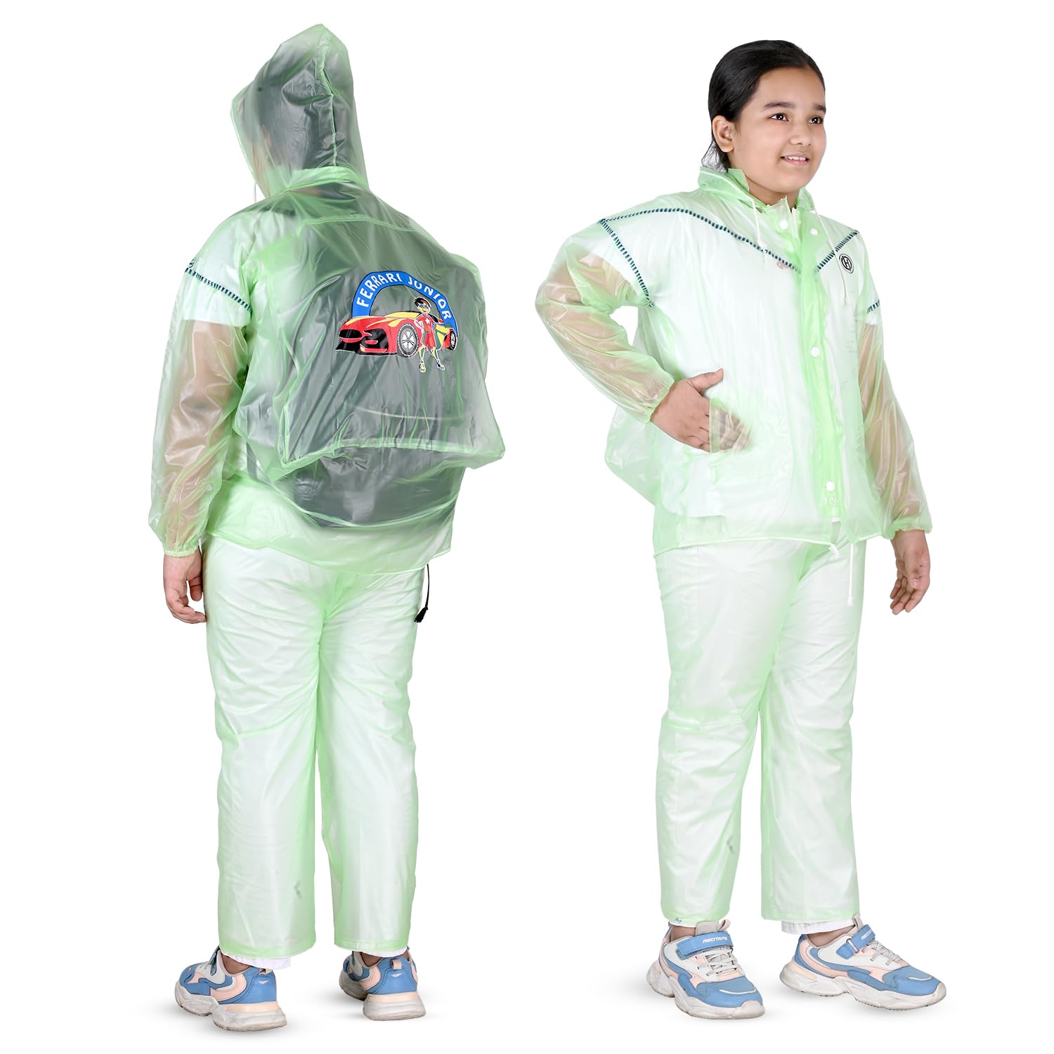 HACER Ferrari Junior Raincoat with Pants Kids Waterproof Full Length Hood & Pockets Boys and Girls Rainwear Carry Bag Included- (Random Color) HACER Ferrari Junior Raincoat with Pants Kids Waterproof Full Length Hood & Pockets Boys and Girls Rainwear Carry Bag Included- (Random Color)