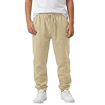 Pantaloni Lino Uomo e Ragazzo Lunghi Leggeri Pantaloni Estivi a Dritti Casual Pants con Tasche Coulisse Pantalone Pantalaccio in Cotone e Lino da Bambino 6-17 Anni per Vacanze, Spiaggia, Yoga