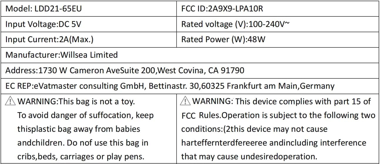 Product electrical specifications and FCC compliance information