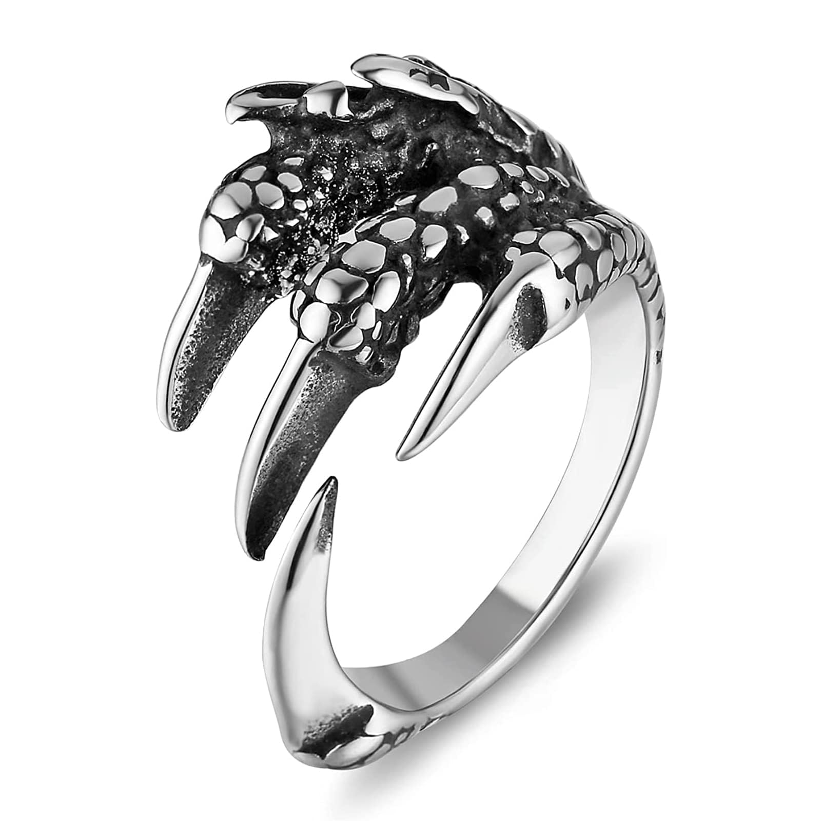 Men’s Stainless Steel Dragon Claw Adjustable Ring – Gothic Punk Vintage Silver Open Band, Cool Dragon Jewelry for Men, Durable Heavy Metal Claw Ring
