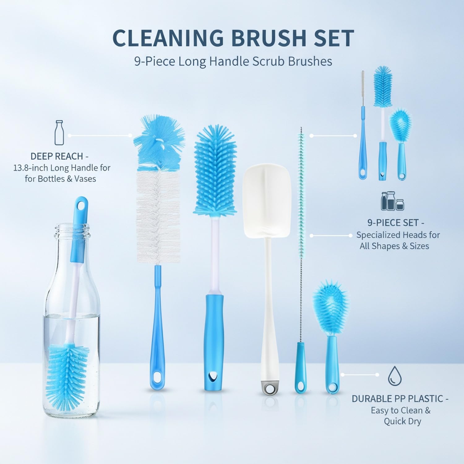 Küchenbürsten Set, 9-teilig aus PP-Kunststoff für Flaschen, Gläser und Spüle (Set of 9)