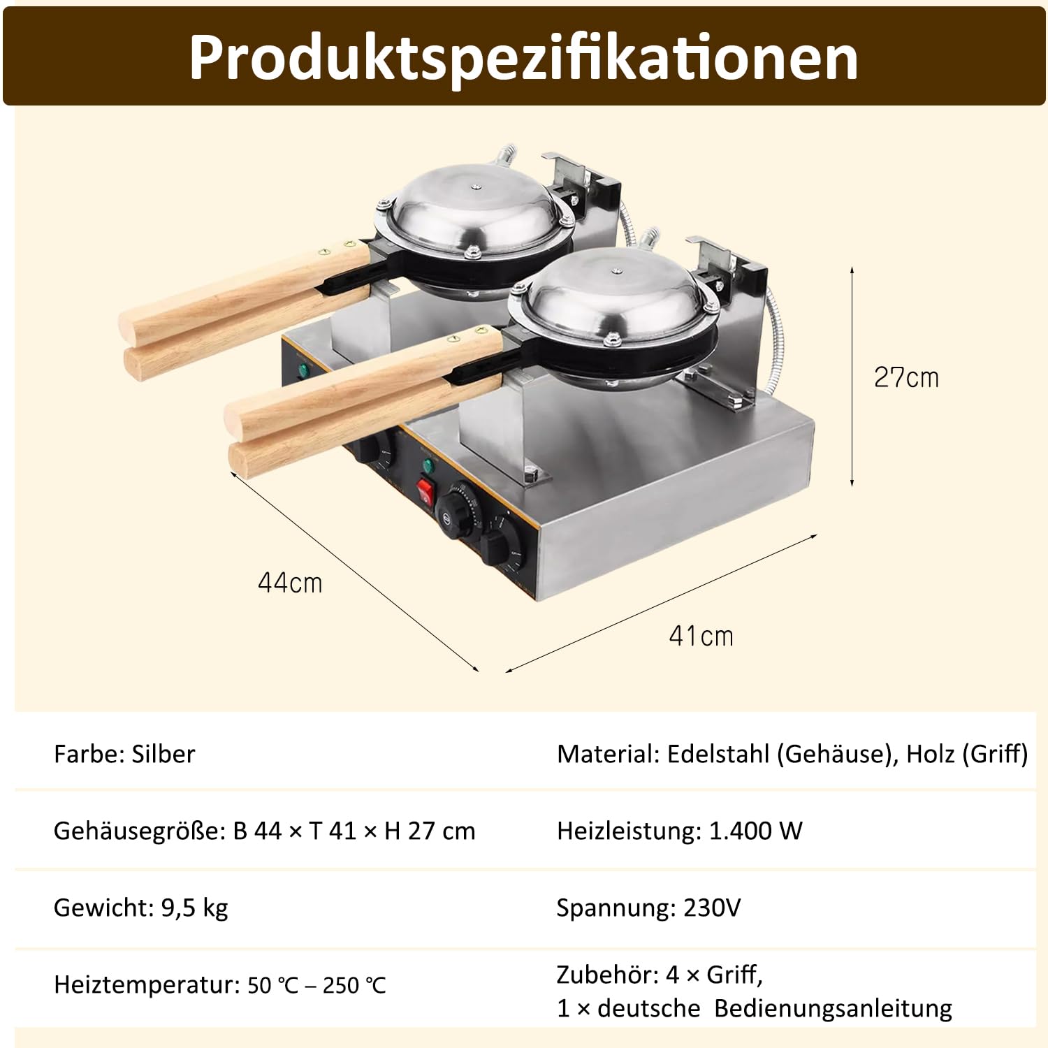 Kurflo kommerzielles Bubble Waffeleisen mit Doppelkopf, 180° drehbar, 1400W, Waffelplatten, Waffel Maker, mit Antihaftbeschichtung & Timer, für Cafe/Dessert-Shop/Restaurant, 50-250 °C
