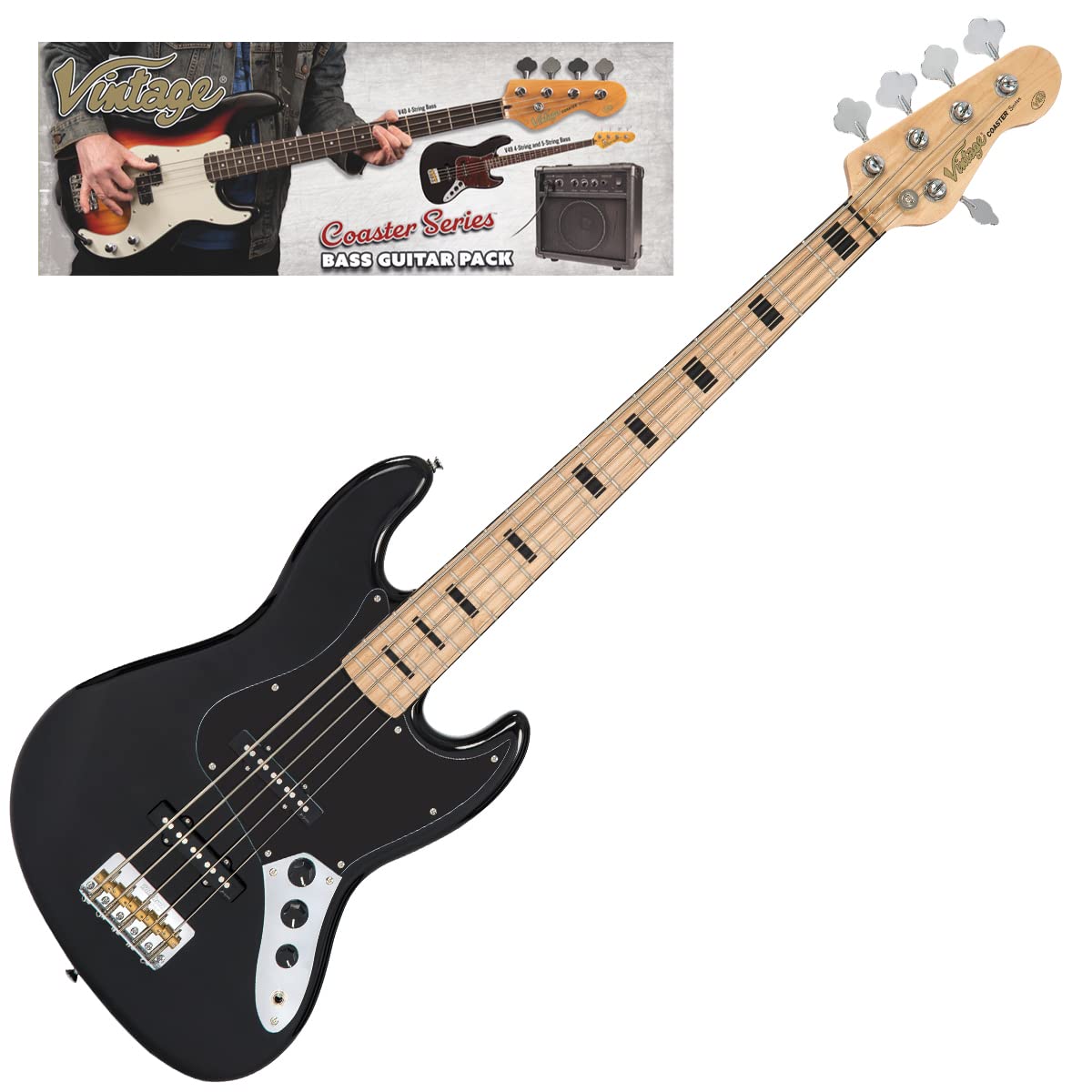 VINTAGE V495 COASTER 5 STRING BASS GUITAR PACK - GLOSS BLACK