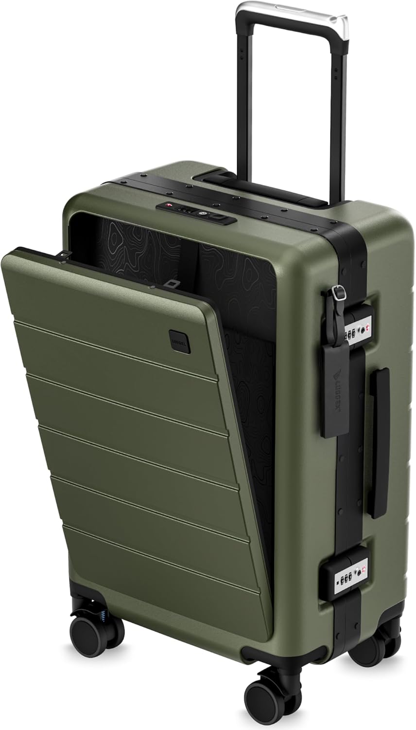 LUGGEX 21 Inch Zipperless Carry On Luggage - HUP Pro Front Opening Compartment Suitcase with Spinner Wheels, 38L Capacity, TSA Locks, Airline Approved for Business Travel(ZX-Pro, Olive Green)