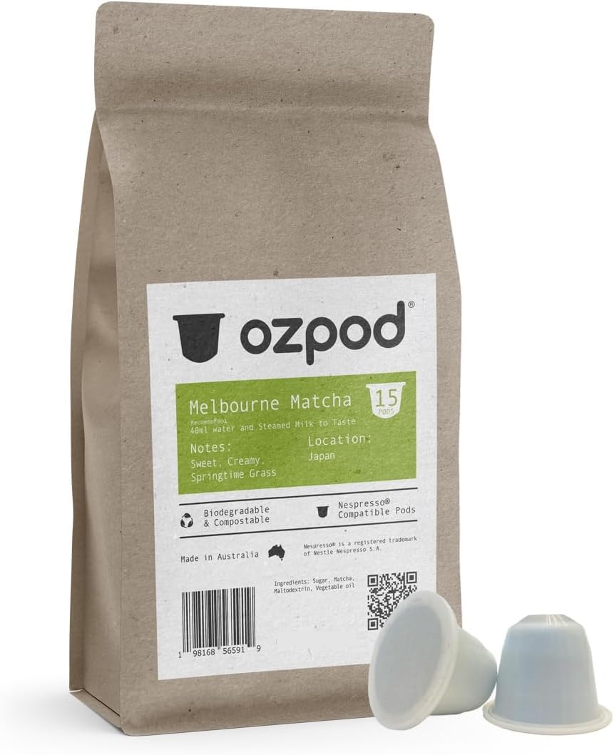 Ozpod Matcha Green Tea Pods for Nespresso Original, Compatible Nespresso Tea Pods, 100% Compostable and Biodegradable from Australia, 15 Single Serve Cups Creamy Matcha Tea