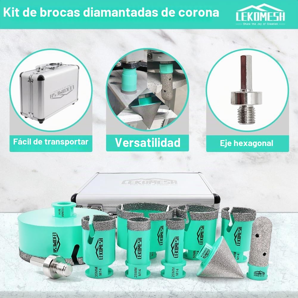 Brocas Coronas para Porcelanico-10piezas (20/25/35/40/50/68/110mm+20mm Broca de dedo+50mm Broca Fresado Chaflán+Adaptador) Para Baldosas Cerámicas, Mármol, Hormigón, Roscas M14