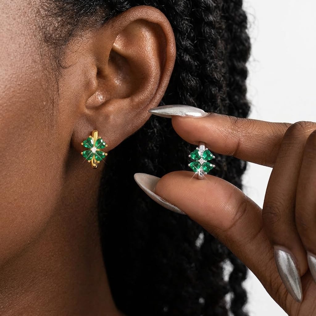 Reffeer Solid 925 Sterling Silver Green CZ Four Leaf Clover Earrings Hoop for Women Teen Girls Love Clover Huggie Earrings Spring Earrings