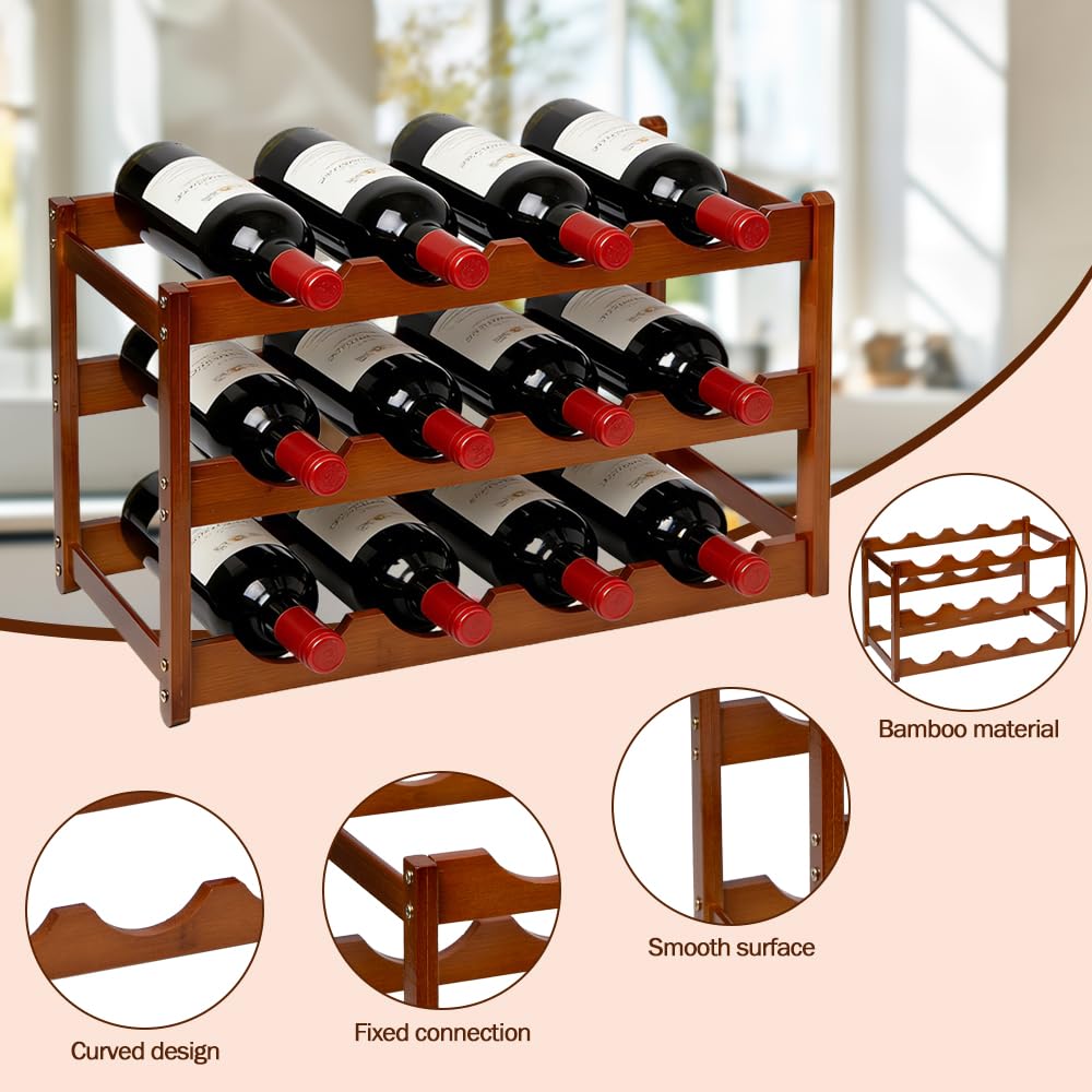Portabottiglie da Tavolo in Bambù Portabottiglie di Vino per Bar | Portabottiglie in Bambù a 3 Piani per 12 Bottiglie, Standard Portabottiglie Autoportante, per Cucina Soggiorno Cantina