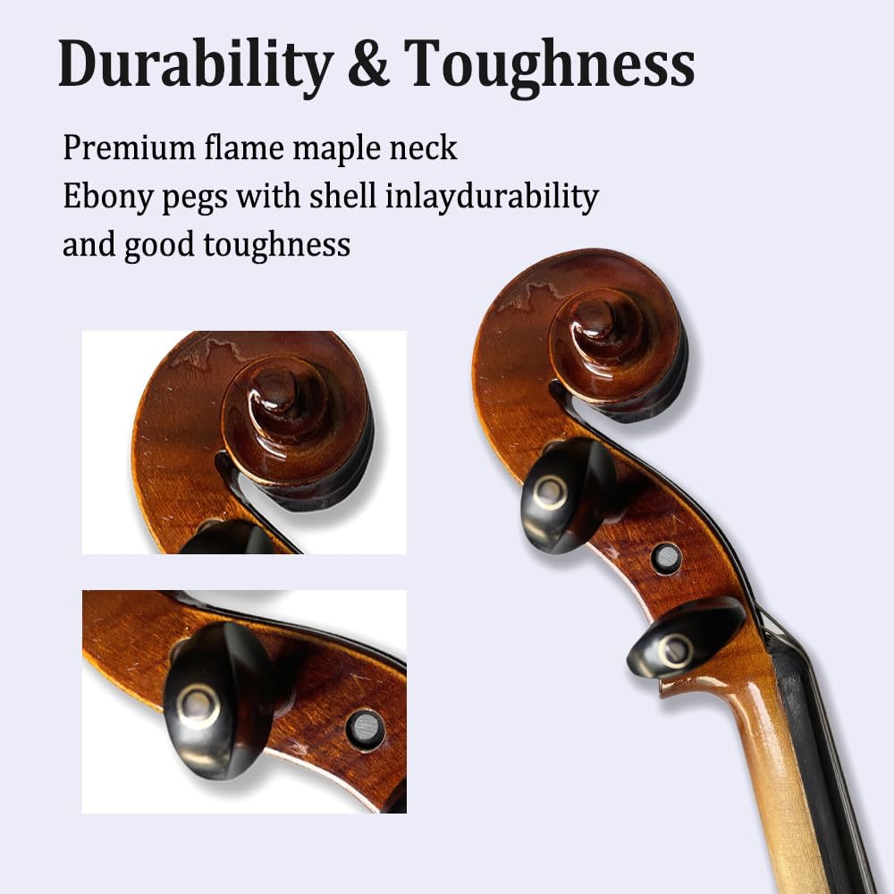 Acoustic Violin Kit for Beginners,1/4 Size, 4 String, Ebony Flame Maple Spruce Wood, with Case, Bow, Shoulder Rest, Strings