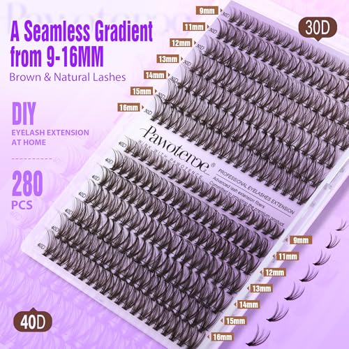 Image of Pawotence Lash Extension Kit DIY 280pcs Brown Lash Clusters Eyelash Extension Kit 30D 40D 9-16mm Individual Lashes Kit with Lash Bond and Seal Lash Tweezers for Self Use (Brown 30D 40D, 9-16mm, Kit)