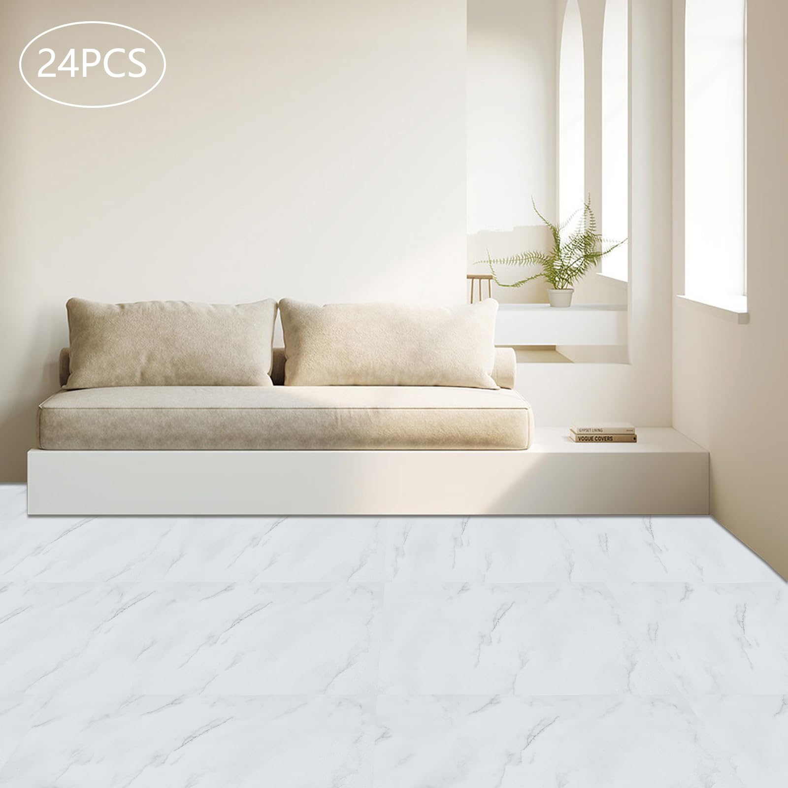 24 Stücke PVC Bodenbelag Selbstklebend, Rutschfest, Wasserfest, Laminat Rutschfeste Dekor-Dielen für Schlafzimmer Küche Wohnzimmer, 60cmx30cm, 1,3 mm Dicke, Weiß Marmor