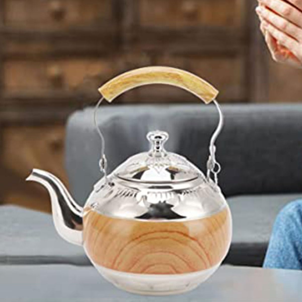 Tetera de Acero Inoxidable con Asa 1L Capacidad Grande, Diseño Elegante y Resistente, Fácil para Verter Té en Ambientes