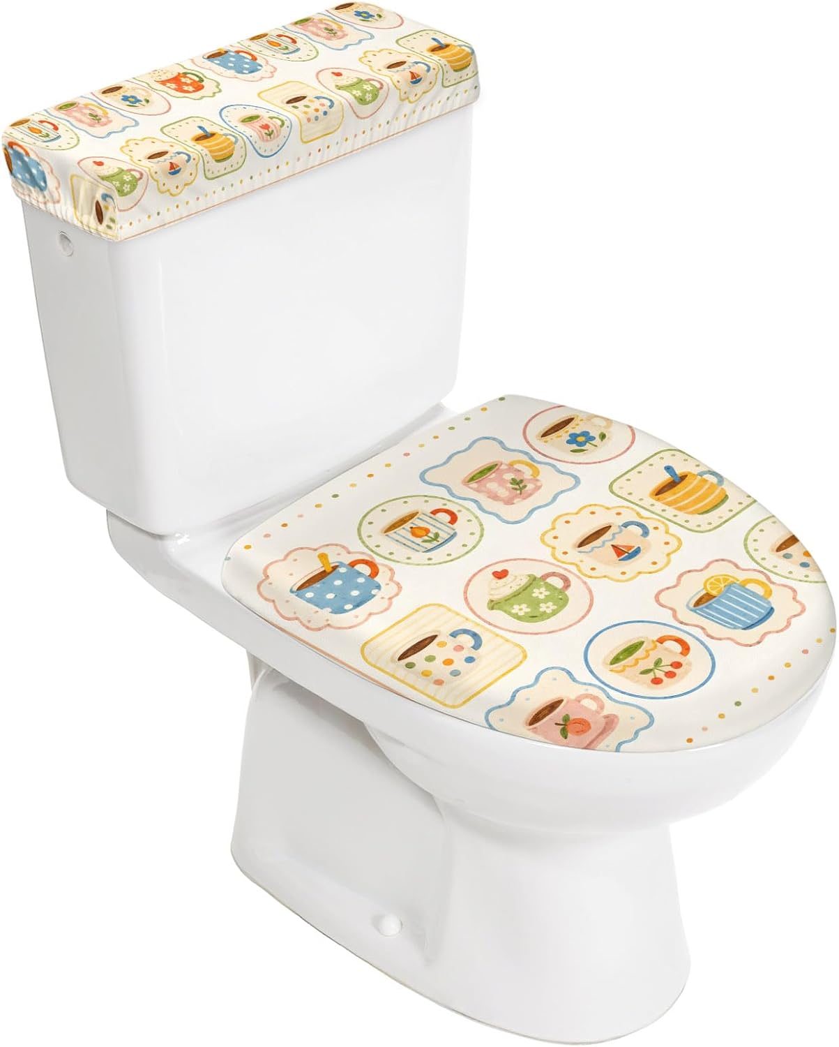 Cartoon Coffee Mugs Toilet Lid Cover and Tank Cover Set,Cute Funny Tea Cups Delightful 2pc Stretch Toilet Lid Seat Covers for Bathroom Washable Protector with Elastic Edge for