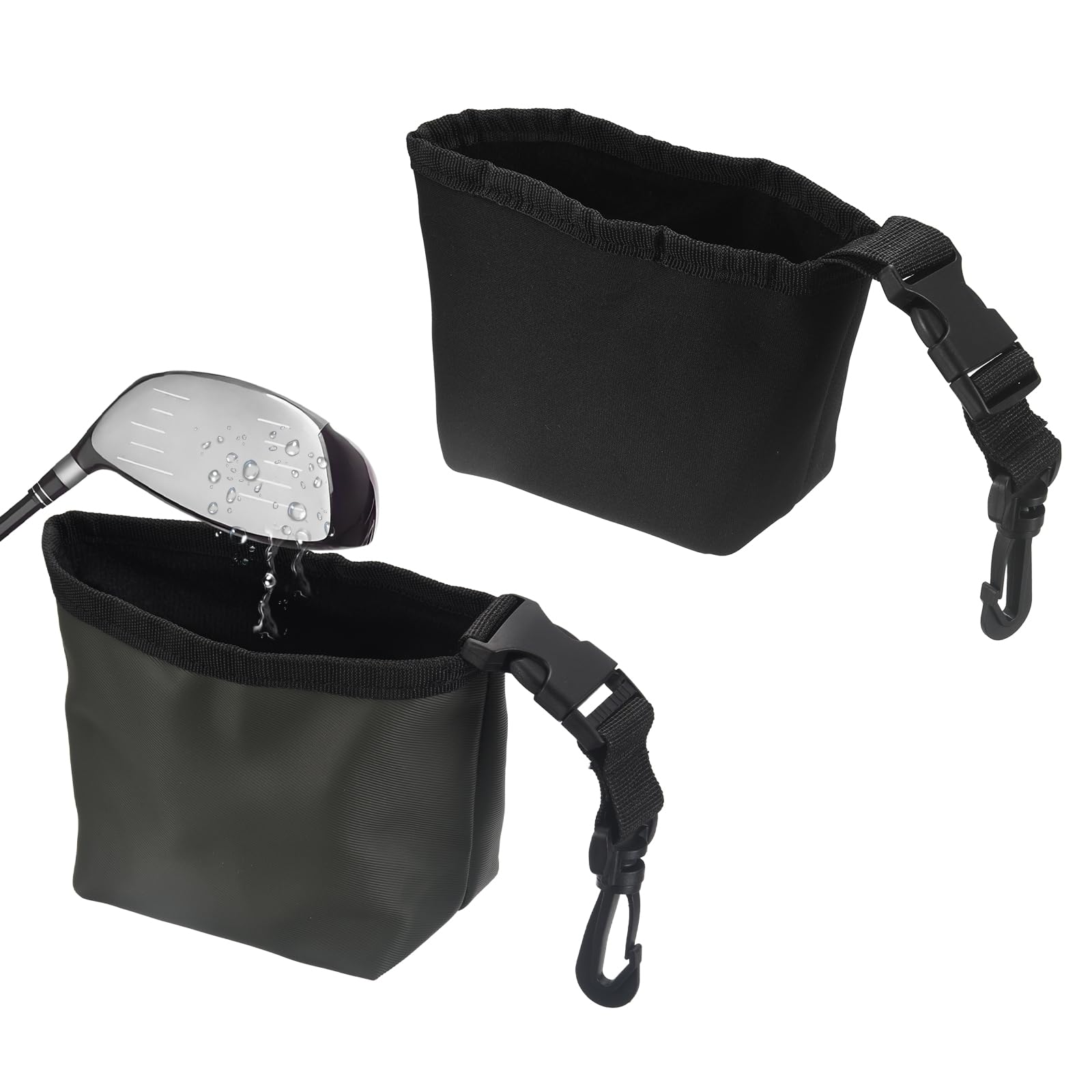 YELARXI Golf Club Cleaner Bag, Golf Ball Cleaner with Detachable Clip Waterproof Club Cleaning Bag Cleans Grooves Pouch Ball Washer 2Pcs & Black/Dark Green-Fit for (Practice/Accessories)