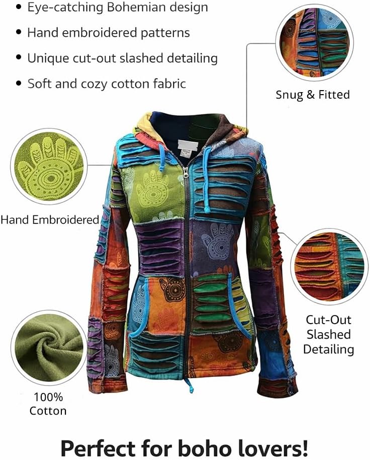 Shopoholic Fashion Women's Henna Hand Pixie Hippie Rib Comfort Hoodie – Boho Zip-Up Hoodie for Women - Image 6