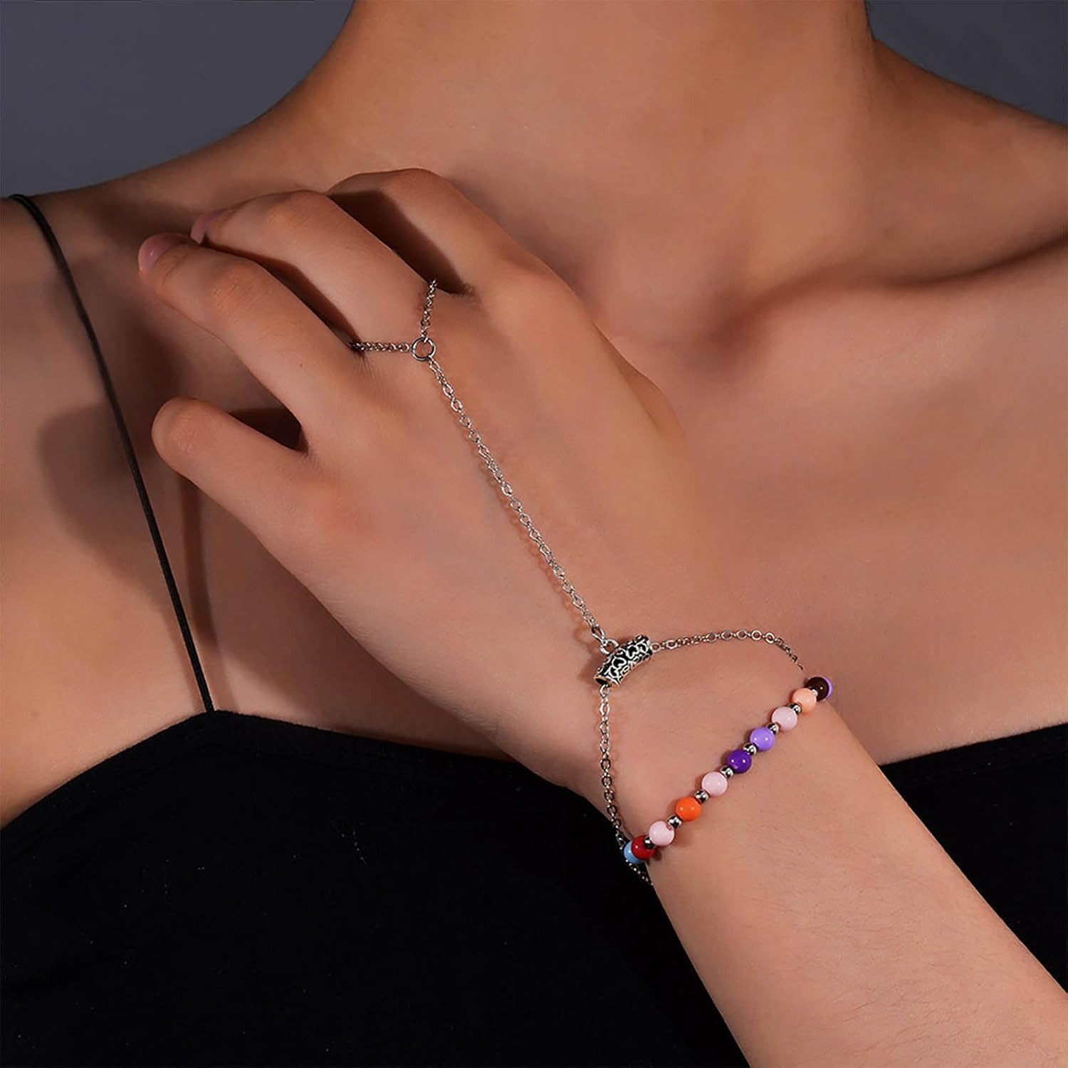 Andelaisi Boho Rainbow Bead Finger Ring Bracelet Vintage Beads Slave Chain Hand Bracelet Colorful Beaded Hand Harness Chain Bracelet Adjustable Slave Chain Bracelet Jewelry for Women - Image 2