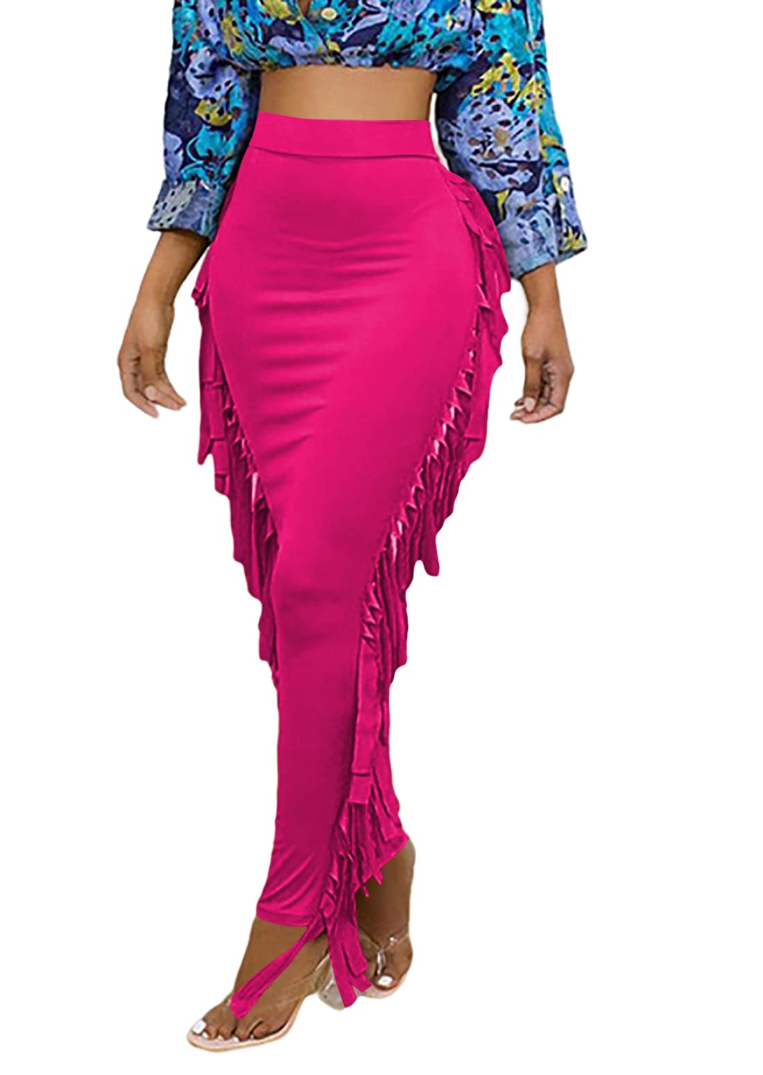 LYANER Women's Fringed Side Tassels Elastic Waist Slim Bodycon Pencil Maxi Skirts