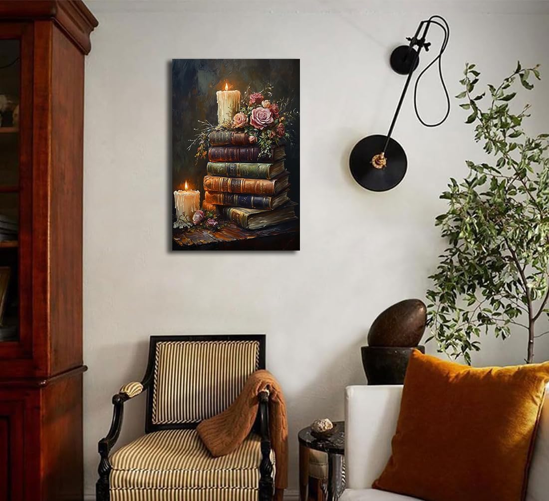 Vintage Flower Books Victorian Wall Art,Bookish Floral Botanical Oil Painting Print Cottagecore Poster for Book Lover Gifts,Dark Academia Canvas Art Picture Library Wall Decor,8"x12" Framed