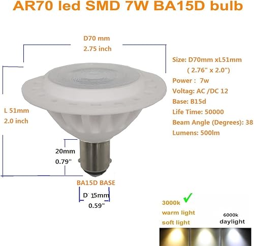 Miniatura 3 de QLEE Foco LED Ar70 Ba15d de 7 W Ac Dc 12 V Base 3000 K Blanco Cálido Reflector Luz Halógena 60 W Bombilla de repuesto para interiores y exteriores,