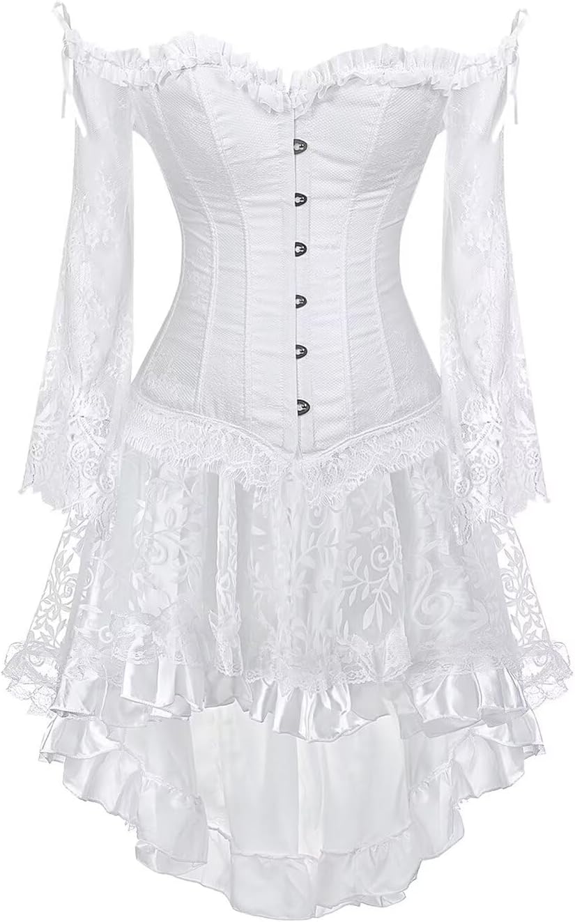 Jutrisujo Corset Strap Dress Top Skirt Set Plus Size Bustier Outfit Lingerie Lace up Gothic Women Bride Wedding White