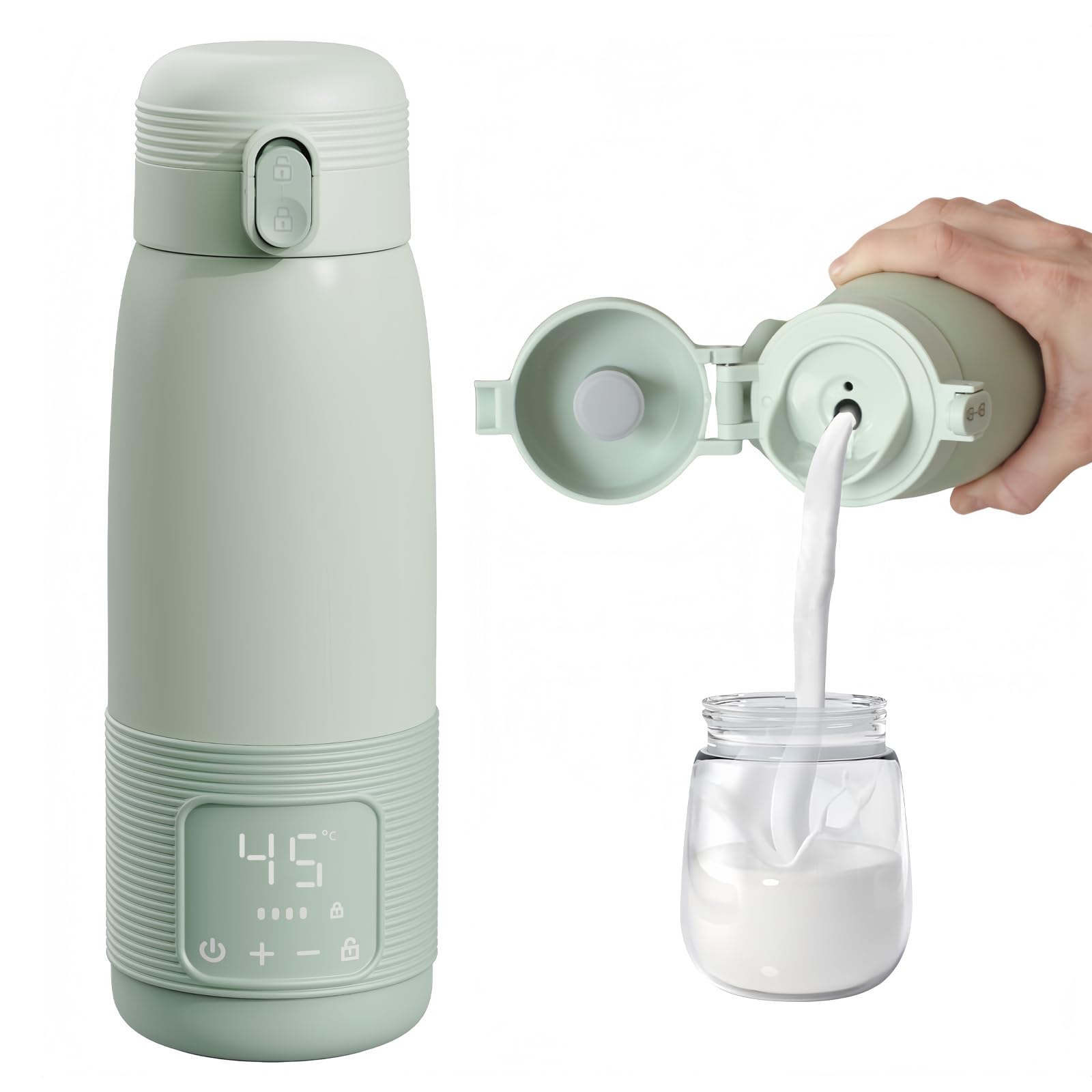 Babyflaschenwärmer, Schnellheizender Babyflaschenwärmer, Temperaturkontrolle 37~55 °C mit Digitalanzeige Tragbarer Flaschenwärmer Große, 500ml Kapazität für Reisen & Nachtfütterung (Hellgrün)