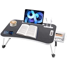 Laptop Lap Desk for Bed, Portable Foldable Laptop Table with Cup Holder, Drawer USB Ports, Fits Up to 17 Inch Notebook, for Adults Working Eating Reading, Black