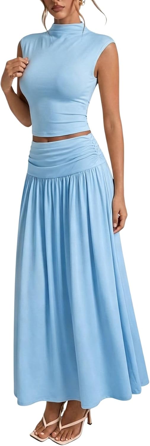 Verdusa Women's Skirt Sets 2 Piece Outfits Vacation Brunch Outfits Cinched Waist Fitted Crop Top with Maxi Skirt
