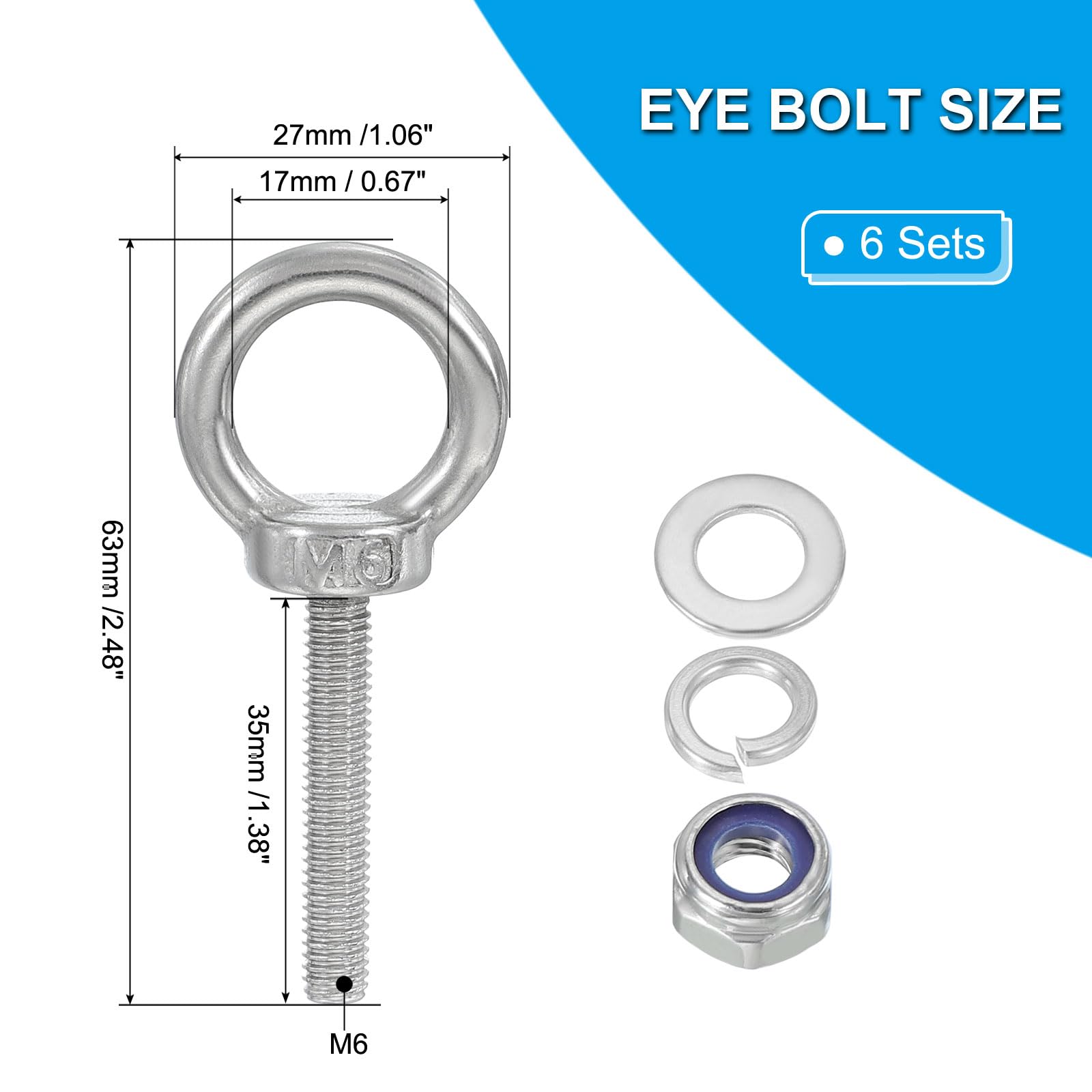 PATIKIL M6 x 35mm Eye Bolt with Nut, 6 Pack 304 Stainless Steel Lifting Shoulder Eyebolt Lift Thread Screws for Hanging Silver - Image 2
