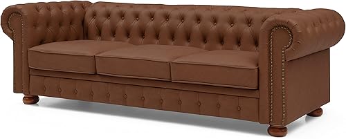 Miniatura 6 de Chesterfield - Sofá de 3 plazas con cabeza de clavos y brazos enrollados, sofá copetudo de lino con patas de madera de goma para sala de estar,