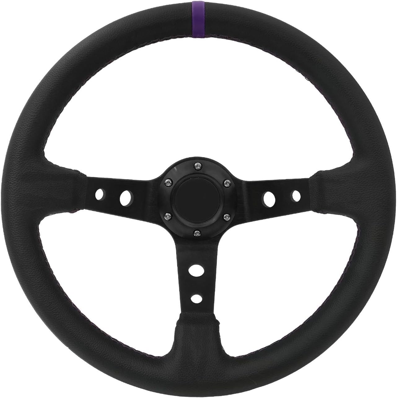 AJP Distributors Universal 6 Bolt Hole 350mm Deep Dish 3 Spokes Steering Wheel Black Pvc Leather Purple Stitching + Blank Button