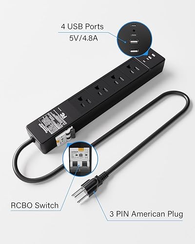 Miniatura 4 de Regleta de alimentación GFCI de 4 salidas con 4 puertos USB (2 USB-C), cable de extensión resistente con protección contra sobretensiones de 6 pies,