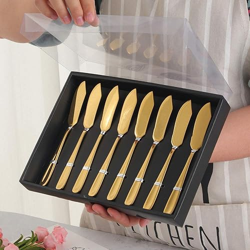 Miniatura 3 de Buyer Star Juego de 8 cuchillos de mantequilla, juego de esparcidor de queso dorado de acero inoxidable 1810 en caja de regalo negra para fiestas,