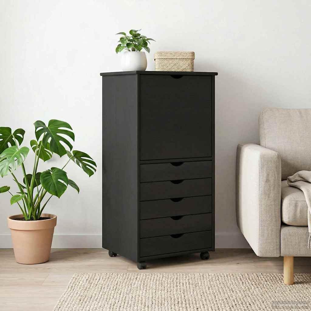 Armario con ruedas negro de madera maciza de pino 53 x 39 x 103 cm con 5 cajones y estante para oficina, hogar, pasillo, almacén