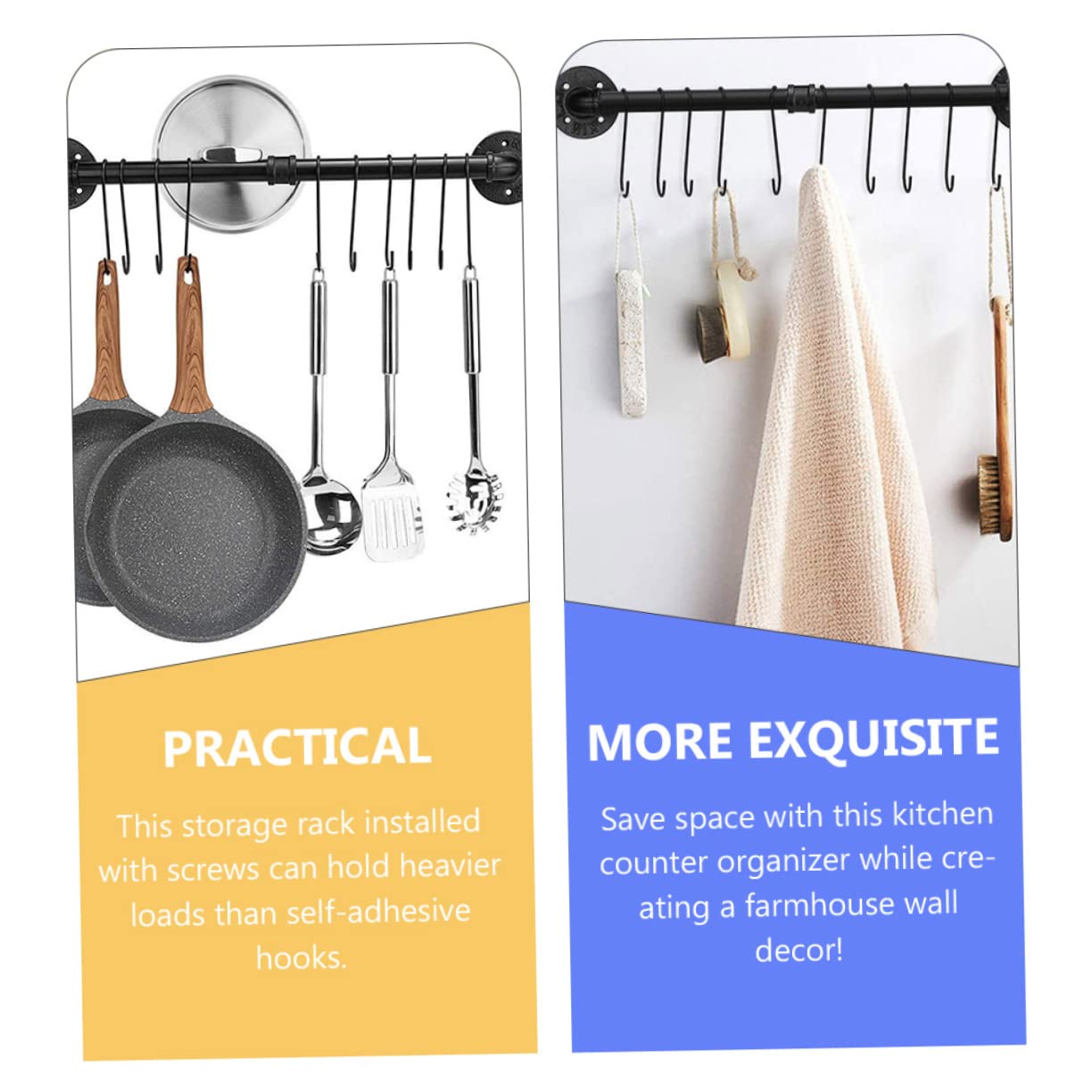 BESTYASH Porta Pentole in Ferro Nero, Rack da Parete con Gancio | Montaggio a Muro, per Cucina e Bagno, Supporto per Coperchi e Asciugamani, Design Salvaspazio