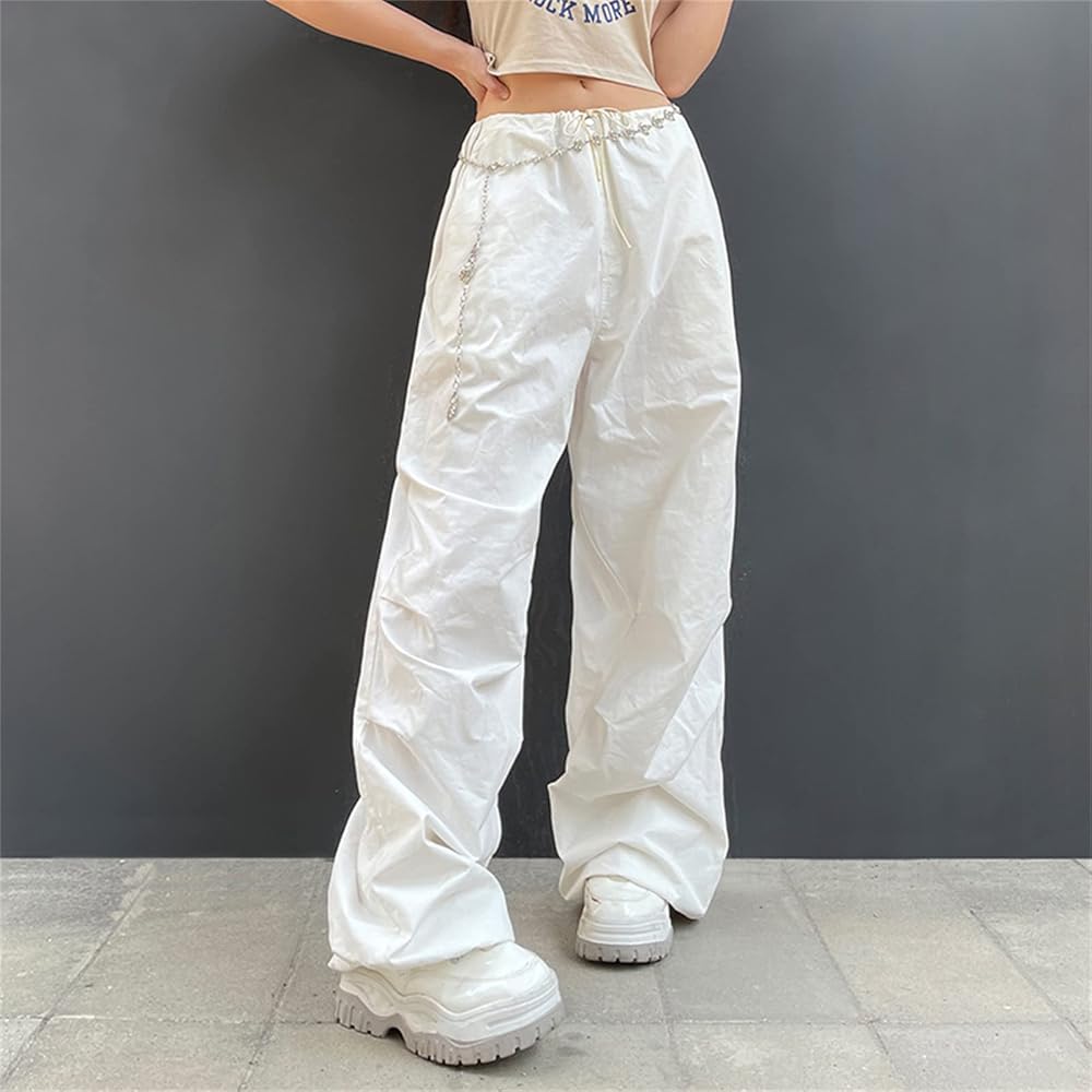 White cargo pants SHINYAKOZUKA似　y2k Women Y2K High Waisted Baggy Cargo Pants Casual Loose Wide