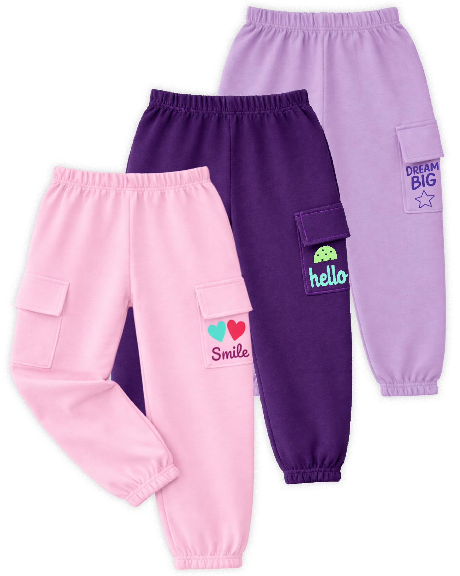 Kuchipoo Girls Cotton Cargo Joggers | Soft Elastic Waist Track Pants with Side Flap Pockets & Cute Print Design | Comfortable Casual Wear for Kids | Pack of 3-image-3