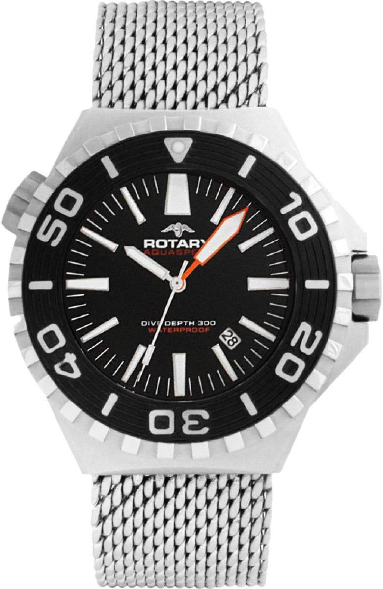 Rotary Men's Quartz Watch with Black Dial Analogue Display and Silver Stainless Steel Bracelet AGB90045/W/KIT