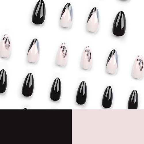 Miniatura 5 de Uñas postizas a presión de almendra, color negro brillante, diseño de líneas doradas, uñas acrílicas, hojas verdes negruzcas, uñas postizas de