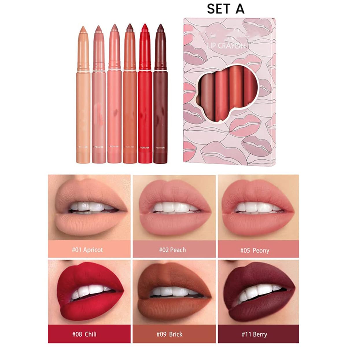 12 Farben Wachsmalstift Lippenstift Set - Non-Fading Matte Crayon Wasserdichter Langlebiger Samt-Lippenstift Lip Liner Mit Integriertem Anspitzer (Set A + B)